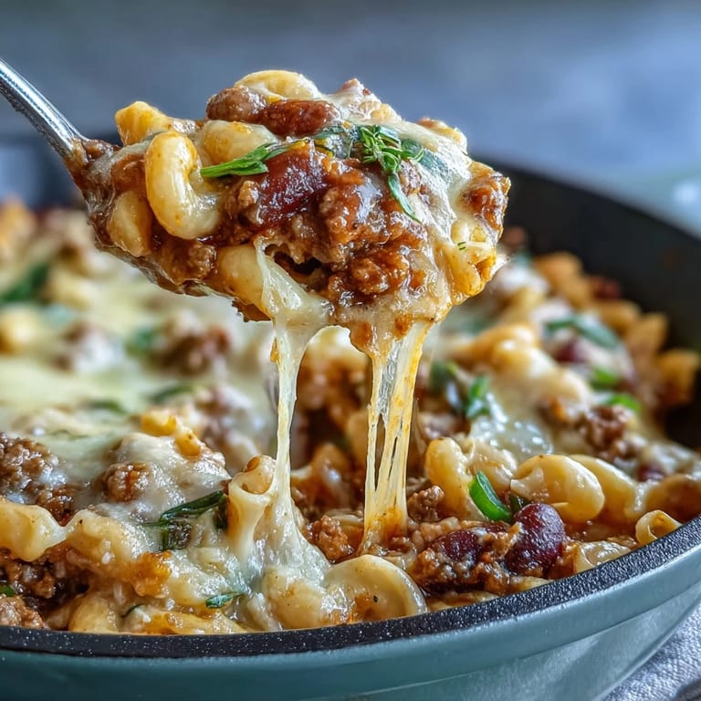 One-Pan High Protein Chili Mac is served in a bowl with a spoon, garnished with cilantro and extra cheese for a comforting family meal.