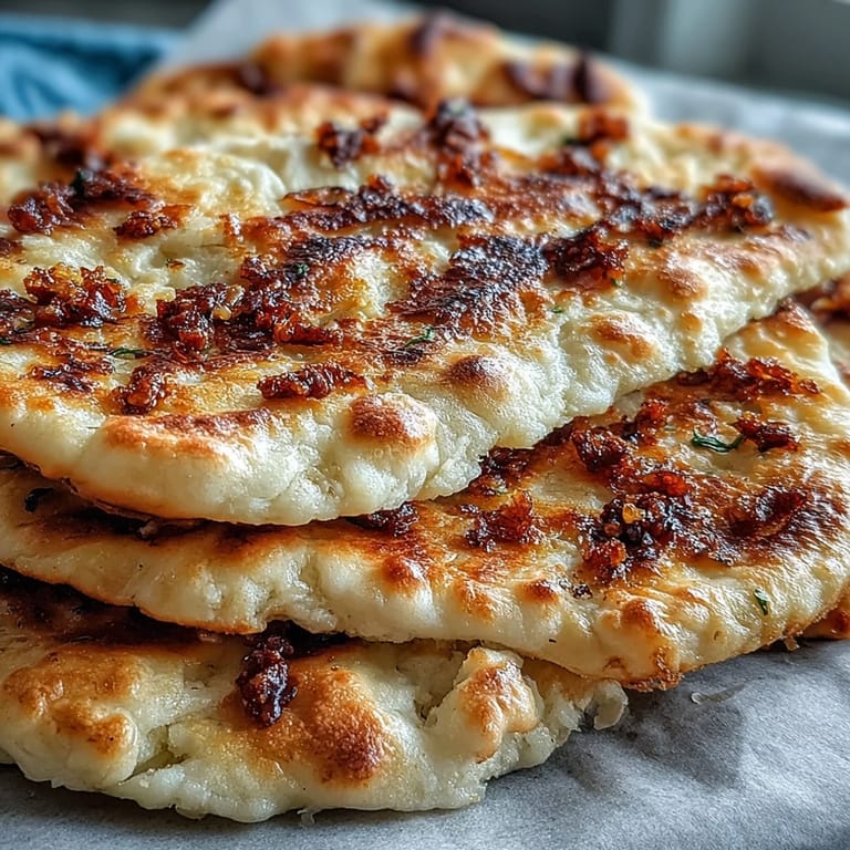 Buttery The Best Easy Garlic Naan Bread brushed with minced garlic, served warm beside a bowl of curry.