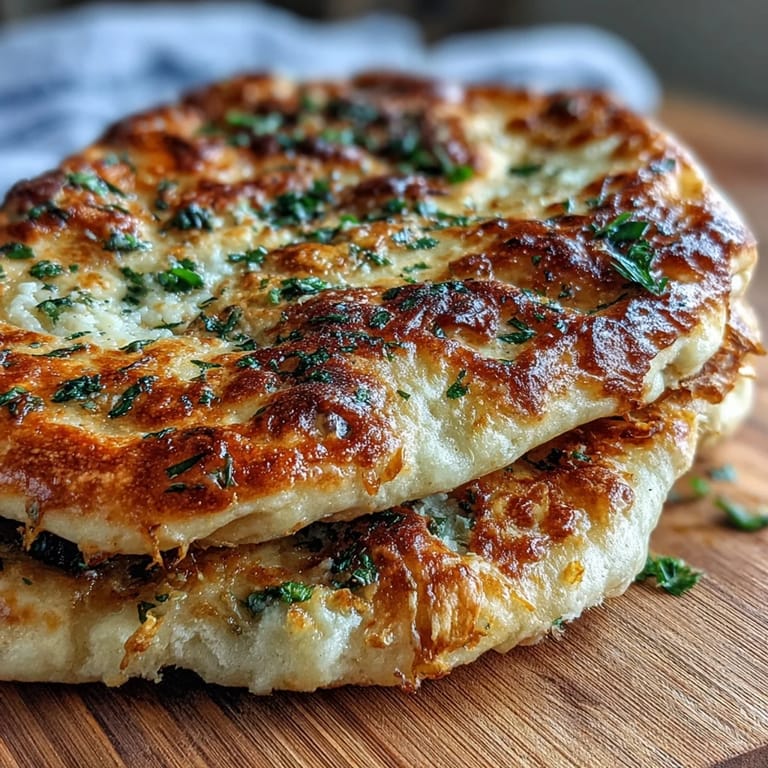 Hand pulling apart a soft, fluffy The Best Easy Garlic Naan bread, revealing steamy layers inside.