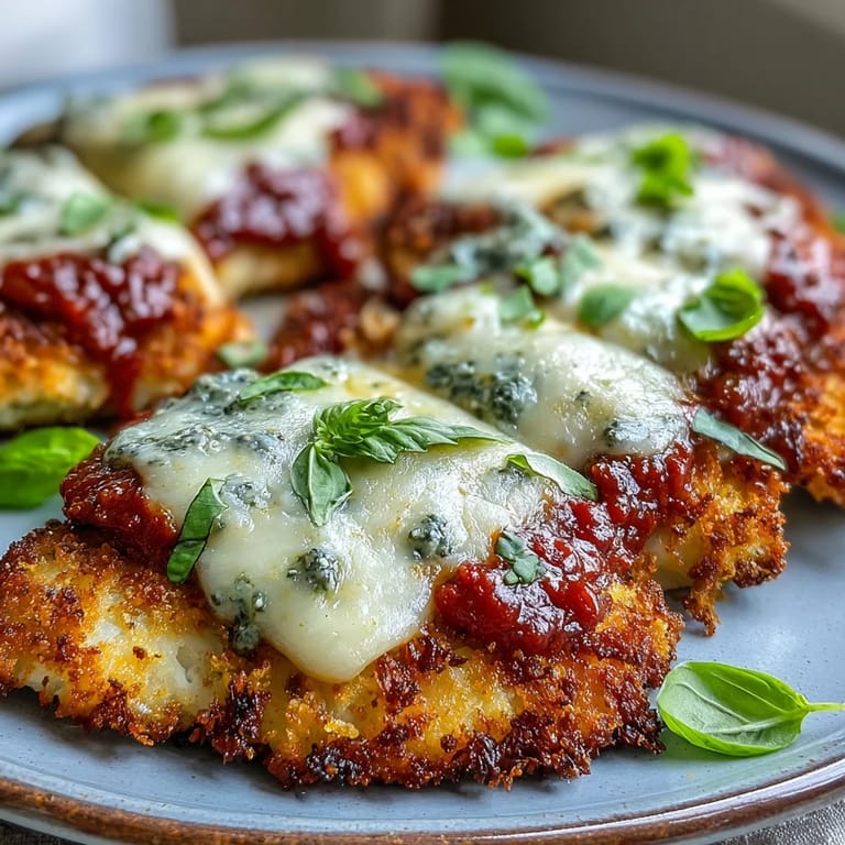Freshly garnished Pesto Chicken Parmesan serving, featuring juicy chicken layered with vibrant green pesto and rich red sauce.