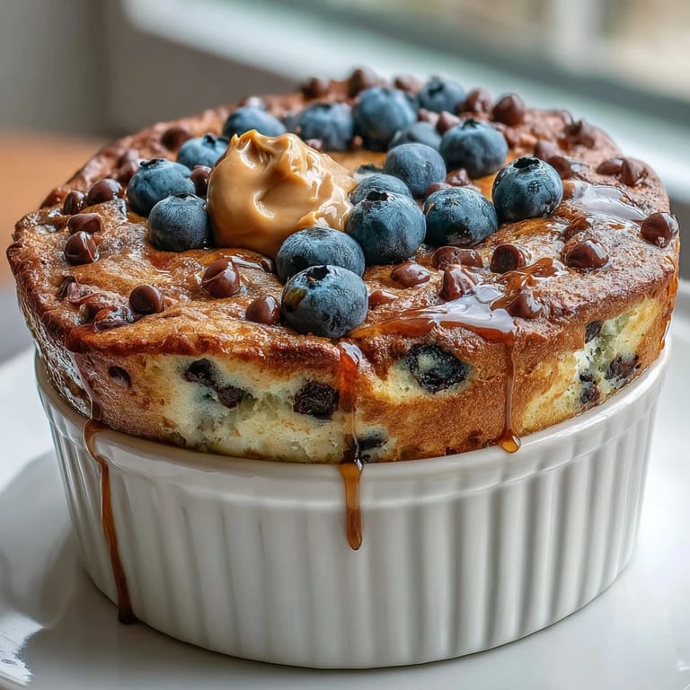 Golden baked protein pancake bowl topped with maple syrup and sliced almonds, served warm for a quick high-protein breakfast.