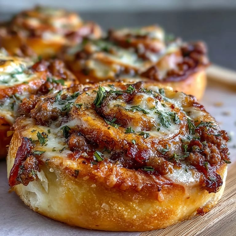 Sliced Irresistible High Protein Pepperoni Pizza Rolls reveal pepperoni and lean beef filling on a marble counter.