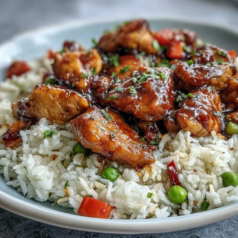 Steam rises from tender rice and glazed chicken in a skillet, showcasing the easy one-pan cleanup and vibrant colors of One-Pan Bold Honey BBQ Chicken Rice.