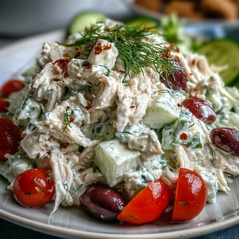 Easy chilled Tzatziki Chicken Salad served in lettuce wraps, garnished with Kalamata olives and red onion.