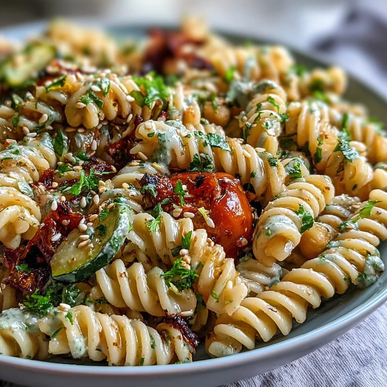 Garnished chickpea pasta bowl with parsley and sesame seeds, served warm for a nourishing plant-based dinner.