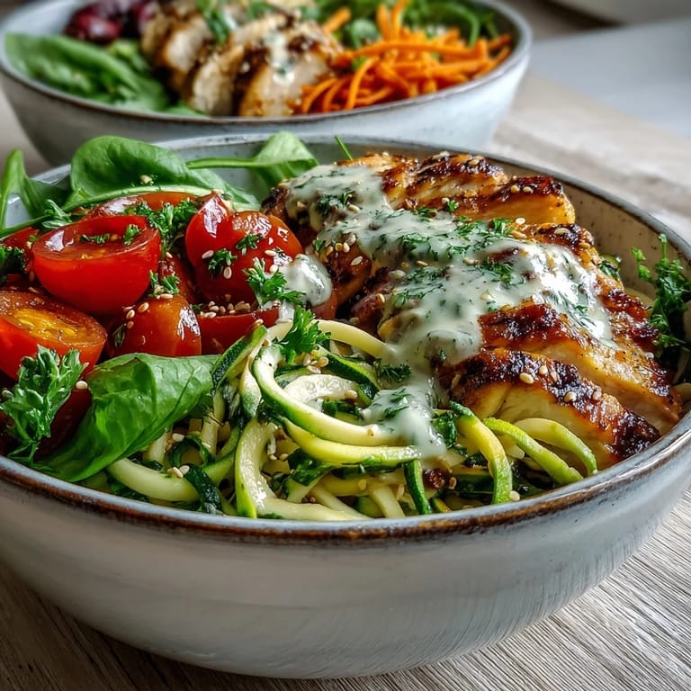 Close-up of Spiralized Vegetable Bowl showcasing spiralized zucchini noodles, protein, and toasted sesame seeds over fresh greens.