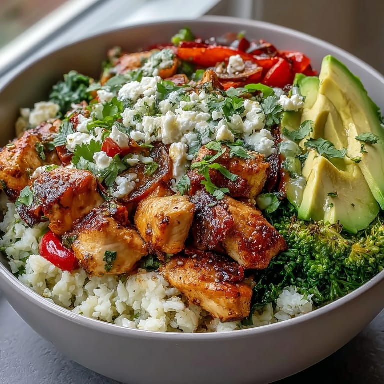 Colorful low-carb meal prep featuring crispy broccoli, cherry tomatoes, and feta cheese on riced cauliflower.