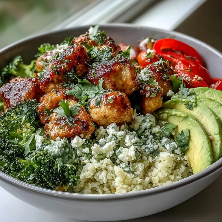 Healthy chicken and cauliflower rice bowl with vibrant veggies and a creamy yogurt-tahini drizzle.