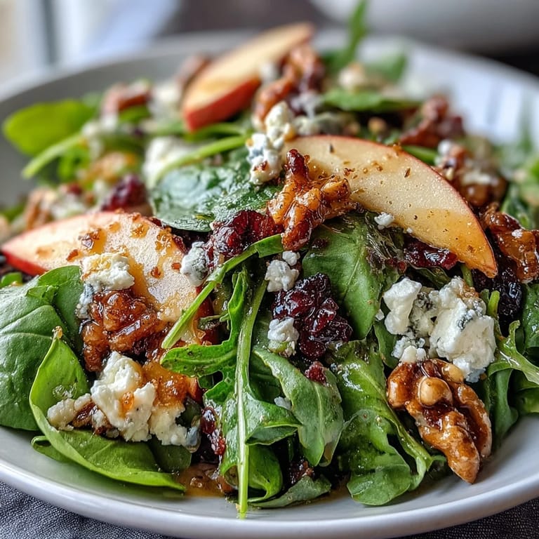 Colorful bowl of mixed greens, crunchy apples, and toasted walnuts, topped with tangy vinaigrette and creamy cheese crumbles.  