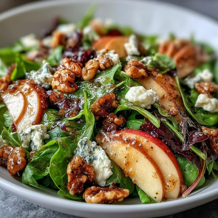 Vibrant salad featuring fresh greens, sweet apples, and rich cheese, tossed in homemade cider dressing for a light, flavorful meal.