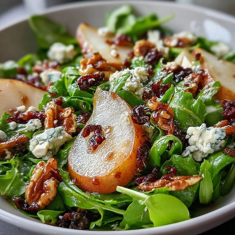 Fresh arugula and juicy pear slices topped with crumbled cheese and crunchy walnuts, perfect for a light meal.  