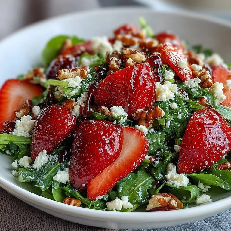 Strawberry Arugula Salad with Goat Cheese and Balsamic Glaze - Fresh arugula topped with sweet strawberries, crumbled goat cheese, toasted pecans, and a rich balsamic reduction for a spring-inspired dish.