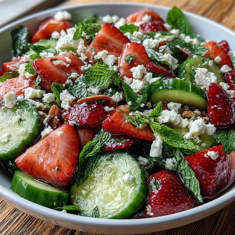 Spring Food Cucumber and Strawberry Salad with Mint: Vibrant mix of cool cucumber, sweet strawberries, and fragrant mint leaves, perfect for a light and colorful springtime salad.