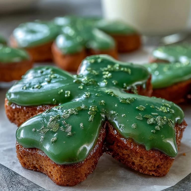 Buttery sugar cookies cut into shamrock shapes and topped with vibrant green royal icing.