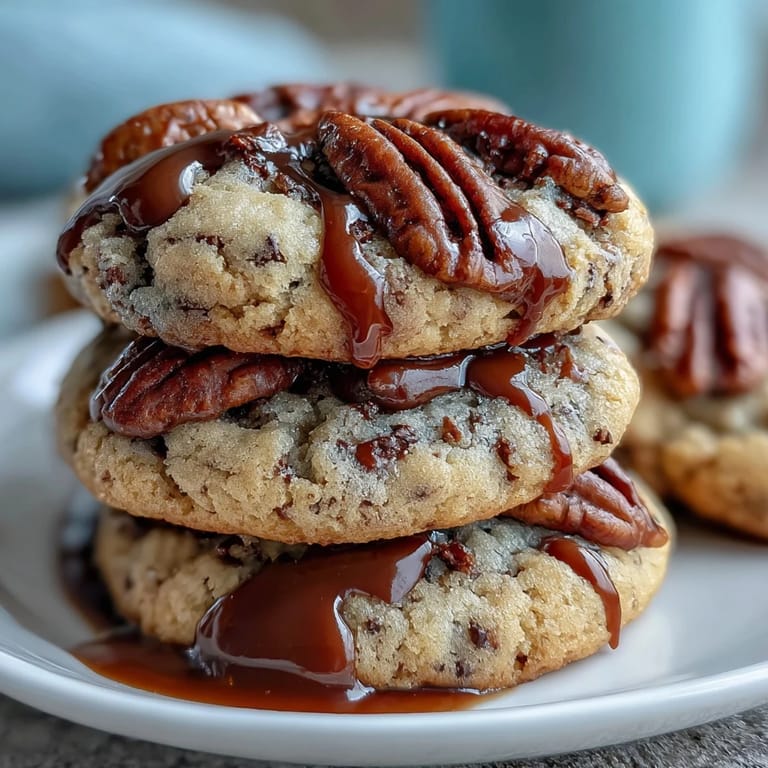 Buttery pecan cookies drizzled with rich caramel, creating a sweet and nutty dessert with irresistible melt-in-your-mouth texture.