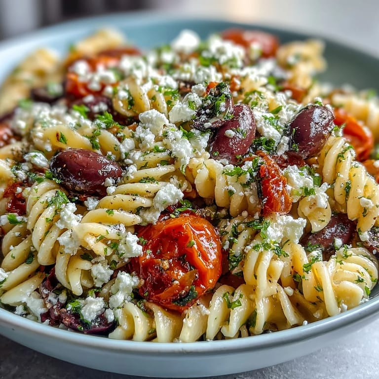 A vibrant Greek pasta salad featuring tender penne, crisp cucumbers, juicy cherry tomatoes, and tangy feta, perfect for summer picnics or light lunches.