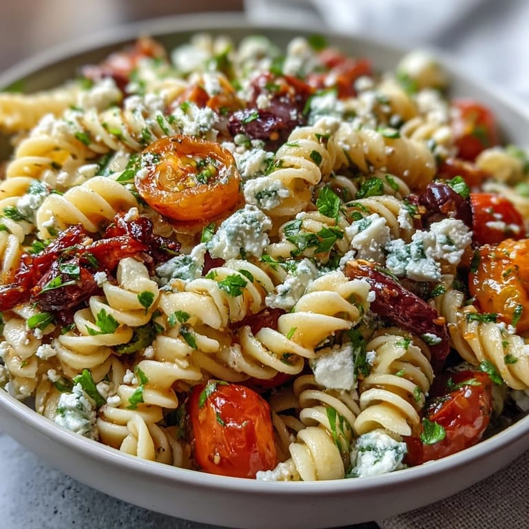 Mediterranean-inspired Greek Pasta Salad with Kalamata olives, red bell peppers, and feta cheese, drizzled with olive oil and red wine vinegar dressing.