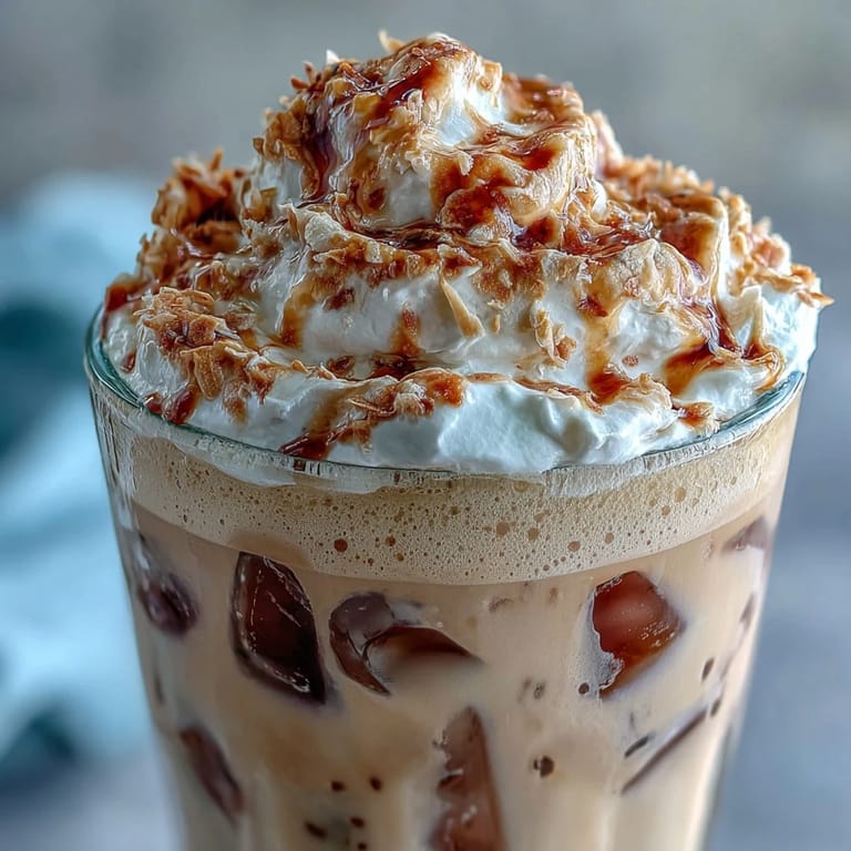 Refreshing Iced Vanilla Bean Frappuccino: Blended vanilla bean coffee with a luscious toasted coconut foam, perfect for warm summer afternoons and coffee lovers alike.