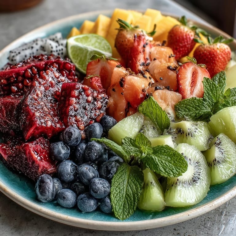 Colorful tropical fruit display featuring mango, pineapple, and berries, garnished with mint and lime for a refreshing appetizer.