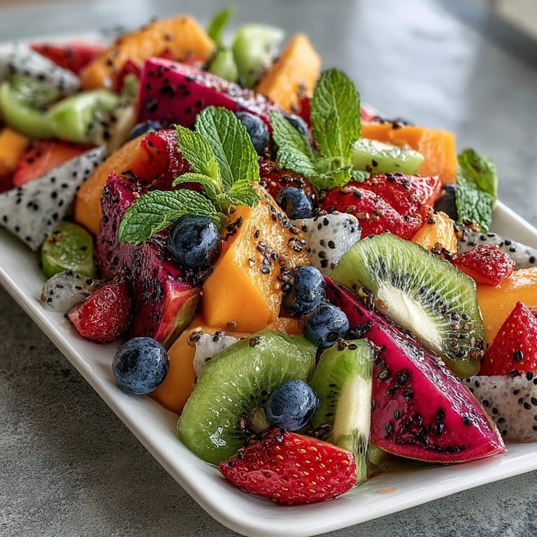 Eye-catching fruit centerpiece with mango and pineapple fanned around berries, ideal for parties or healthy dessert spreads.