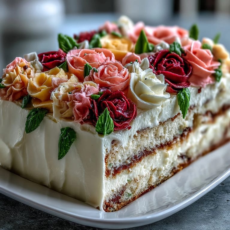Elegant vanilla sheet cake topped with smooth buttercream and beautifully piped roses, perfect for graduation parties.