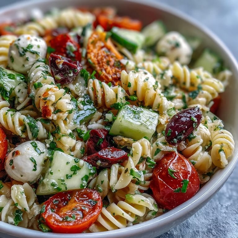 Easy Italian pasta salad with rotini, bell peppers, mozzarella, and olives, drizzled with zesty Italian dressing for a vibrant side dish.  