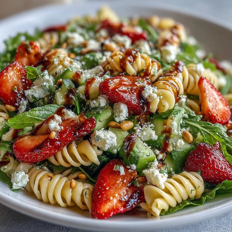 Colorful pasta salad with strawberries, feta, and arugula tossed in a honey-lemon balsamic dressing, ideal for warm weather.