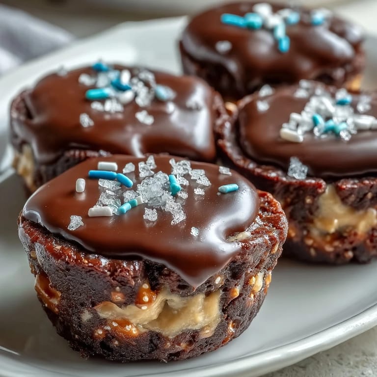 Creamy peanut butter filling layered over crunchy pretzel crust, topped with glossy melted chocolate in bite-sized dessert cups.  