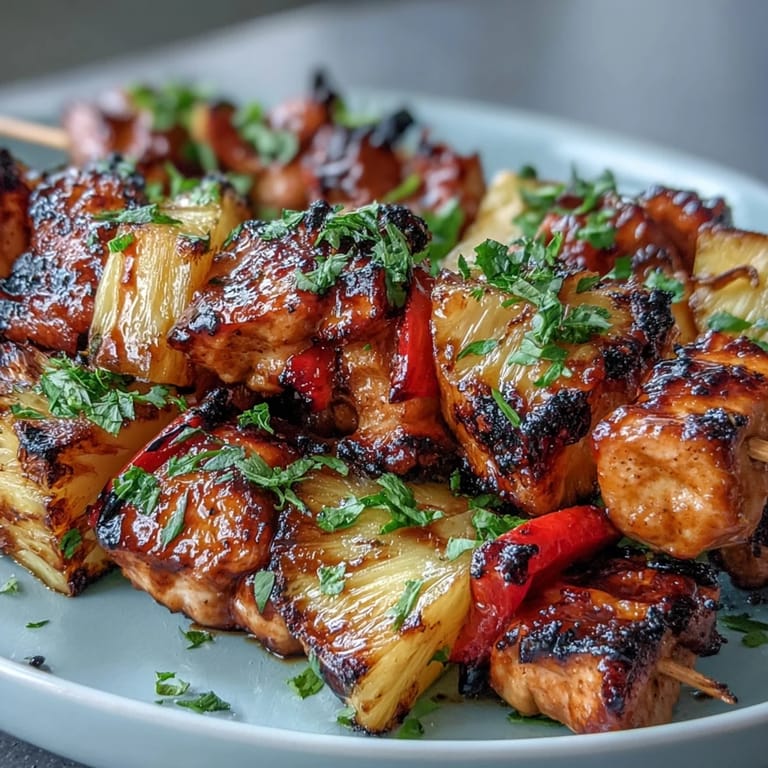 Tropical grilled chicken skewers featuring tender chicken and caramelized pineapple, perfect for summer BBQ gatherings.
