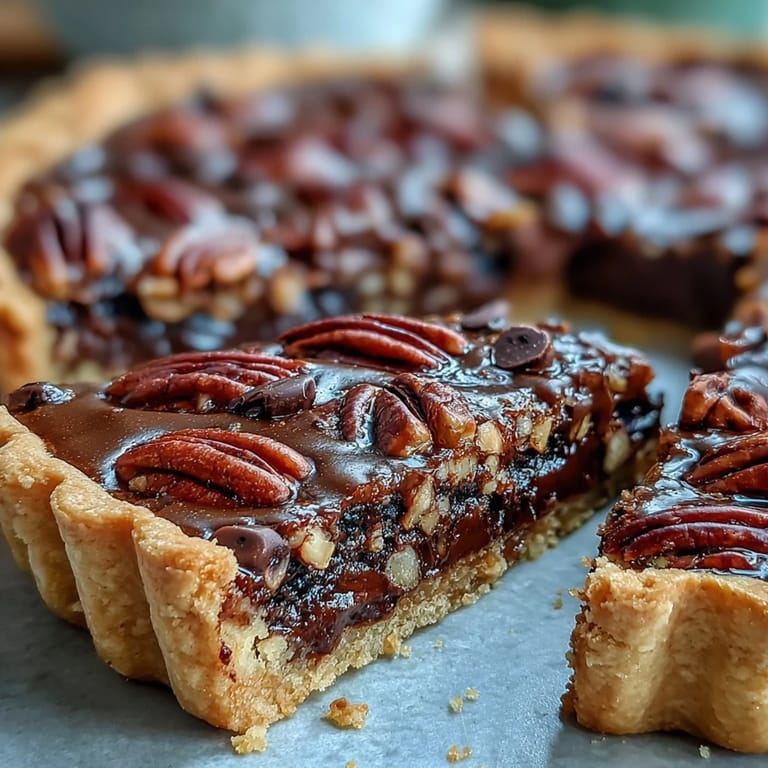 Close-up of a decadent Kentucky Derby Chocolate Bourbon Pecan Tart slice.
