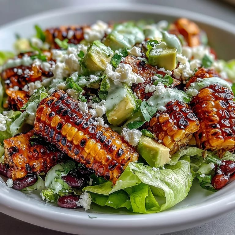 Hearty black bean taco salad with sweet grilled corn, topped with crunchy chips.