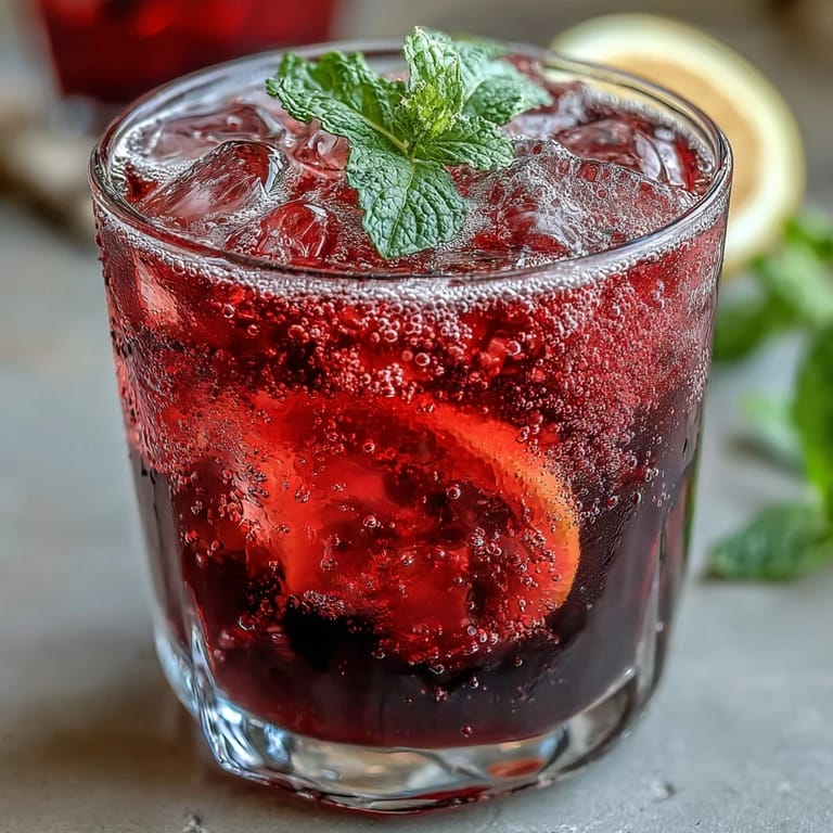 Close-up of Sparkling Hibiscus Mint Lemonade Mocktail's ruby red hue and mint sprig.