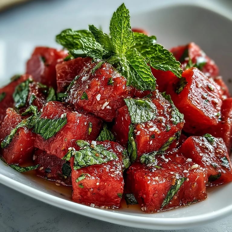 Colorful watermelon chili lime salad with mint, a delightful, easy side dish.