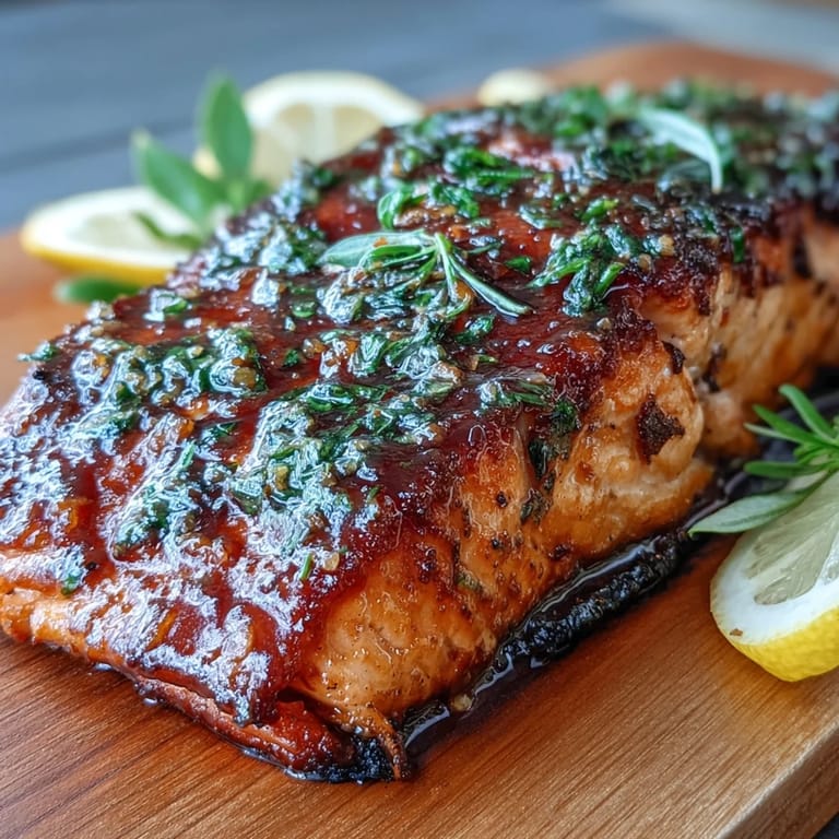 Visually appealing cedar plank salmon, glazed and ready to serve.
