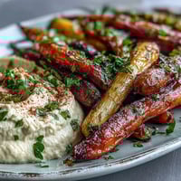 A vibrant platter of roasted rainbow carrots with creamy tahini hummus, garnished with fresh parsley and smoked paprika.