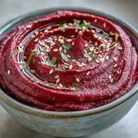 Creamy roasted beet hummus in a white bowl, garnished with olive oil, parsley, and sesame seeds, served with pita chips and fresh vegetable sticks.