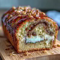 Freshly baked Cream Cheese Cinnamon Swirl Banana Bread slices showing moist banana crumb and creamy filling.