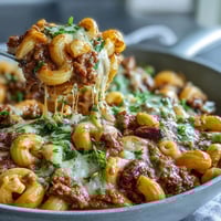 Creamy One-Pan High Protein Chili Mac steams in a skillet topped with melted cheddar, green onions, sour cream, and crushed tortilla chips.