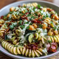 Colorful roasted zucchini, red bell pepper, and cherry tomatoes tossed with chickpea pasta and creamy tahini sauce.
