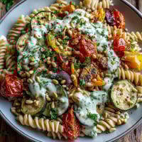 Whole wheat pasta bowl garnished with toasted pine nuts and fresh parsley.