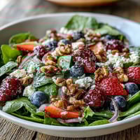 Fresh baby spinach topped with juicy mixed berries, crumbled goat cheese, and crunchy toasted walnuts, all tossed in a tangy balsamic vinaigrette.