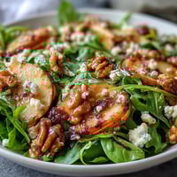 Crisp mixed greens salad with apple slices, walnuts, and creamy cheese, drizzled with tangy cider vinaigrette for a refreshing lunch.  