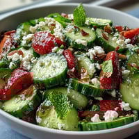 Spring Food Cucumber and Strawberry Salad with Mint: Crisp cucumber slices and juicy strawberries tossed with fresh mint, drizzled with lemon-honey dressing for a bright, refreshing side.