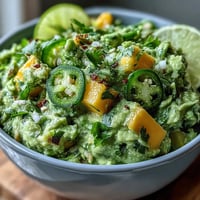 Easy Cinco de Mayo Guacamole with Mango and Jalapeño, a vibrant blend of creamy avocado, sweet mango, and spicy jalapeño in a festive bowl.