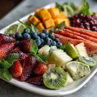 Vibrant tropical fruit platter with ripe mango and pineapple slices, perfect for summer gatherings and brunches.