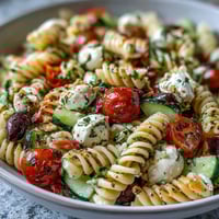 Colorful summer pasta salad with cherry tomatoes, cucumbers, and Italian dressing, served in a white bowl for a fresh, picnic-ready look.  