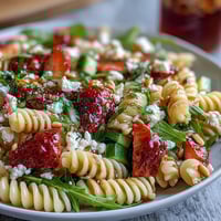 A vibrant spring pasta salad with juicy strawberries, creamy feta, and fresh arugula in a tangy balsamic dressing.