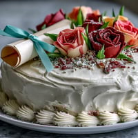 Festive graduation sheet cake topped with vibrant buttercream roses and an edible fondant diploma, perfect for celebrating achievements in style.