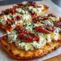 Golden cottage cheese flatbread pizza with melted mozzarella, juicy cherry tomatoes, and fresh basil on a high-protein base.