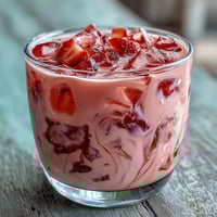 A vibrant pink drink with fresh strawberry slices and creamy coconut milk swirls, inspired by the Pink Starburst candy.